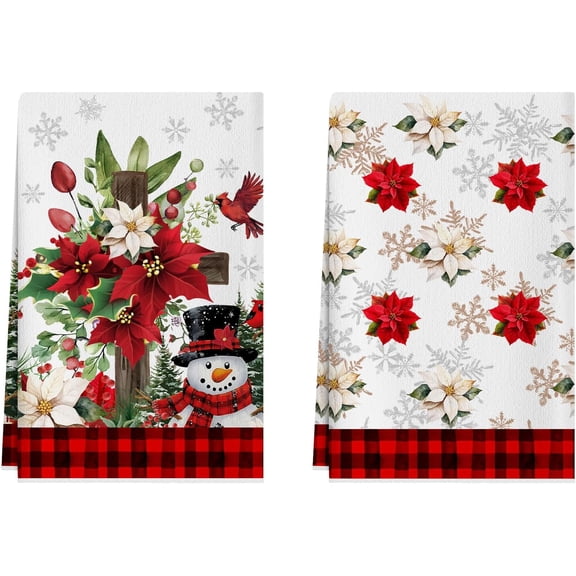Red Plaid Winter Poinsettia Cross Snowman Christmas Kitchen Towels Dish Towels 18x26 Inch Xmas Home Kitchen Decorations Hand Towels Set of 2 Drying Dishcloth