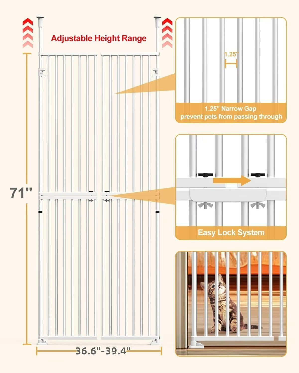 Lilypelle Extra Tall Cat Pet Gate, Adjustable 36.61"-39.37" Width 74.8-96.5 Inch Height, No Drilling Pressure Mounted, Walk Through Swing Safety Double Door Gate for Doorways, Stairs, Kitchen, House