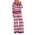 thumbnail image 2 of Domzest Womens 2 Piece Outfit Set Striped Button Scalloped Trim Pullover Top & Wide Leg Pants Lounge Set Fall Casual Matching Outfit Sets Hot Pink S, 2 of 4