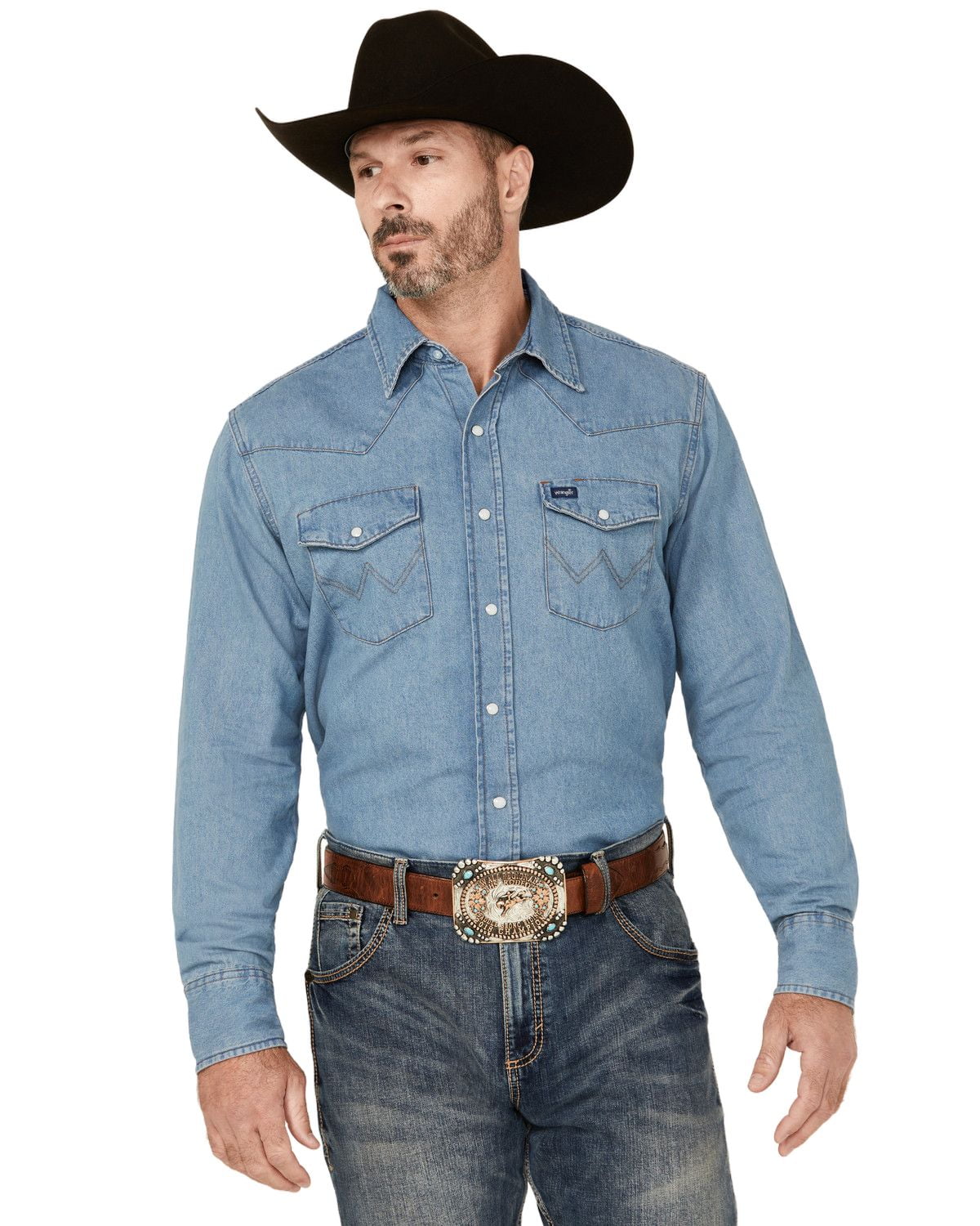 トップス mac Wrangler Men's Light Stonewash Denim Snap Work Shirt with
