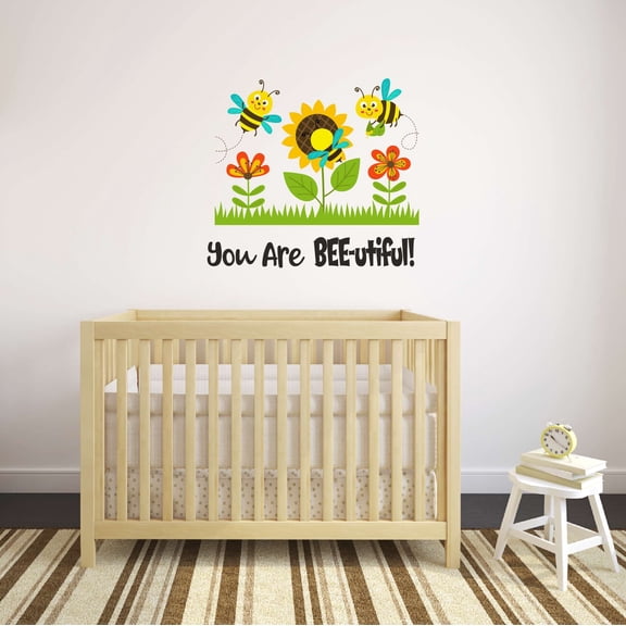 Children You are Bee-utiful Cute Animal Wall Decal Decoration Beautiful Flying Bees on Sunflower Field Decal Lasts Years and Easily Removable - Size: 20 In(W) x 18 In(H)