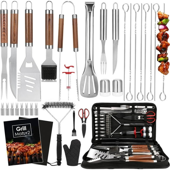 BBQ Grilling Accessories Set, 34Pcs Heavy Duty Grill Tools for Outdoor Camping, Grilling Gifts for Men Dad, Stainless Steel Barbecue Utensils Kit with Mats and Glove in Carrying Bag, Brown