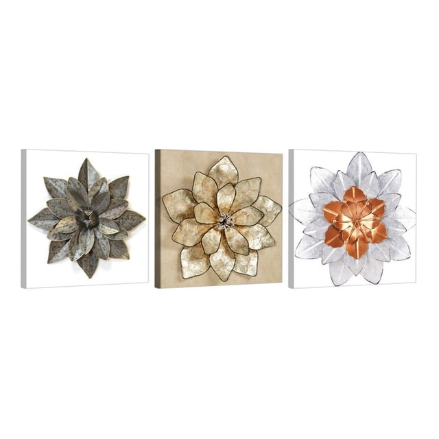 Set De 3 Cuadros Para Sala Flor Metal