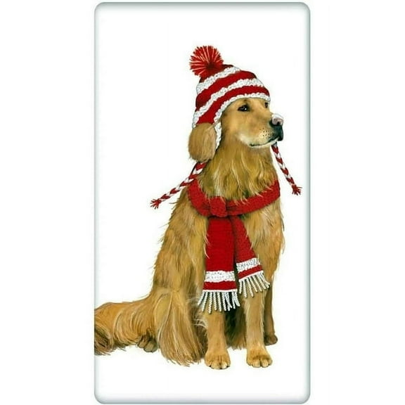 Knit Hat Golden Retriever Flour Sack Dish Towel