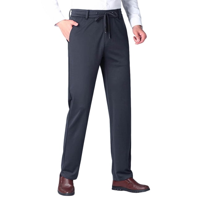 aidice Plus Size Dress Pants for Men Drawstring Elastic High Waist Straight Leg Fall Fleece Lined Warm Trousers with Pockets