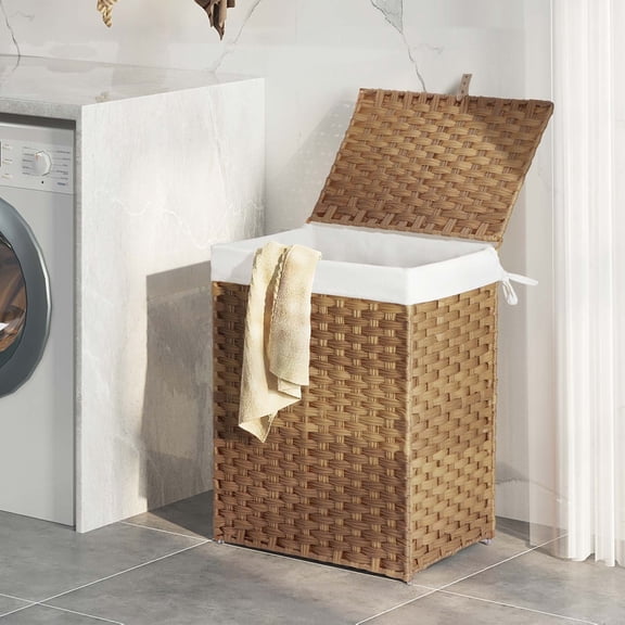 Rolanstar Laundry Hamper with Lid, 90L Clothes Hamper with 2 Removable Liner Bags & 2 Mesh Laundry Bags, Handwoven Synthetic Rattan Laundry Basket for Clothes, Toys in Bathroom, Bedroom, Natural