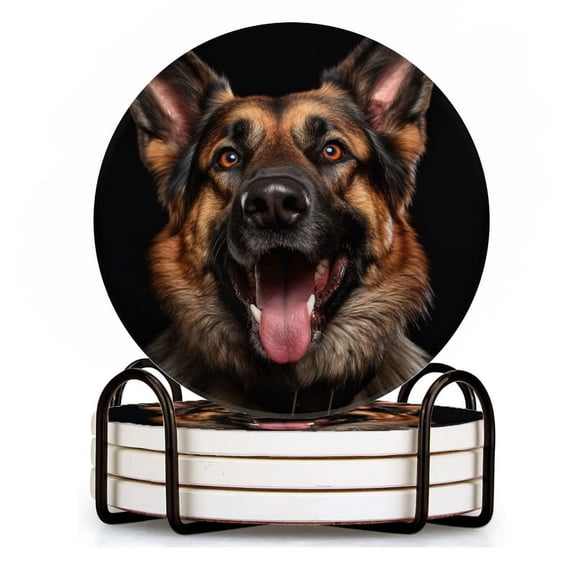 BaHomeck Drink Coasters Set of 4 with Holder happy German Shepherd dog with tongue out Water Absorbent Ceramic Coasters Tabletop Protection,Suitable for Various Cup ,Home Decor