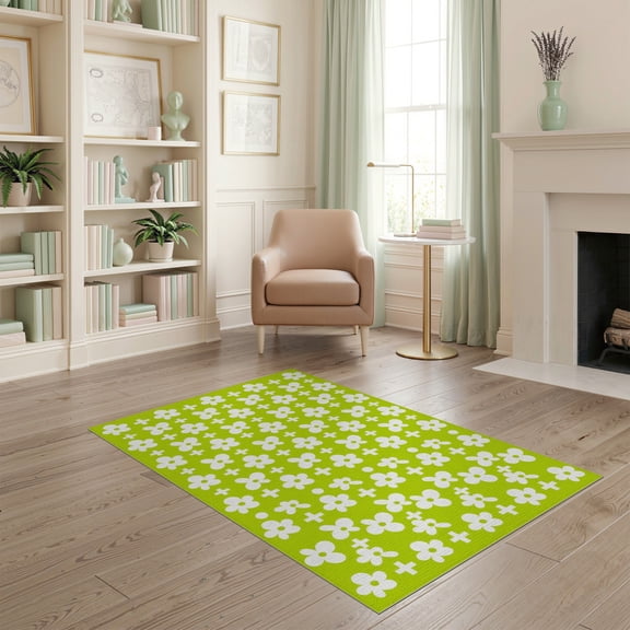 ODIKA 4'x6' Green Sprout Geometric Floral Design Washable Area Rug Handwoven Pattern for Indoors Non-Slip, Chair-Friendly, Flatwoven for Home Office, Under Desk