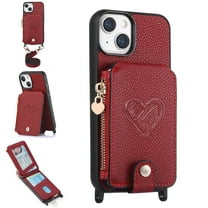 ELEHOLD Crossbody Wallet Case for iPhone 15 with Card Holder, Zipper Card Slot Shockproof Purse Stand Cover with Removable Lanyard Crossbody Shoulder Strap 6.1 Inch,Red