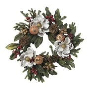 Nearly Natural 24" Magnolia Pinecone and Berry Wreath in White
