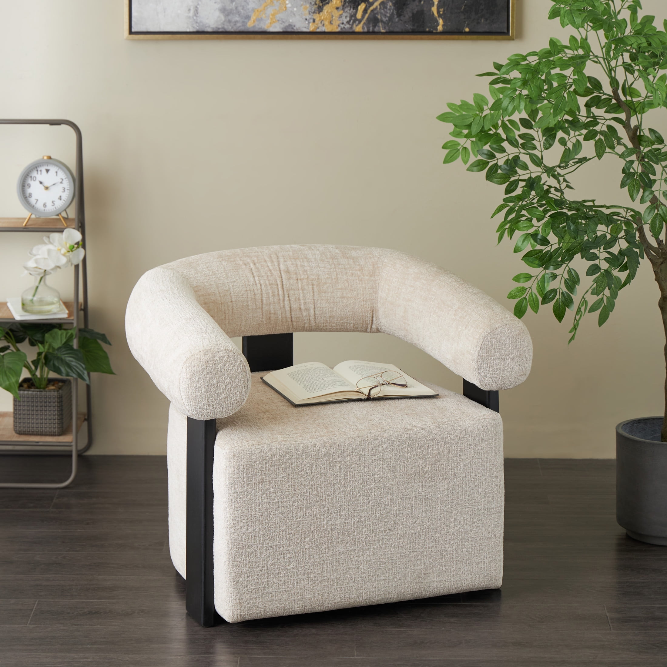 DecMode Polyester Curved Back Lounge Chair with Black Wood Support, Beige