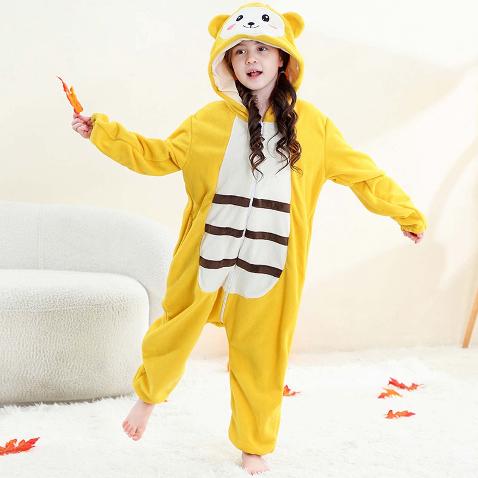 Hrsba Long Sleeved Warm Comfortable Thick Kids Onesie Pajamas Kids Jumpsuit Fleece Hooded Crawling Clothes Romper 3-12 Years Unisex Sleepwear Loungewear Air Conditioner Pajamas