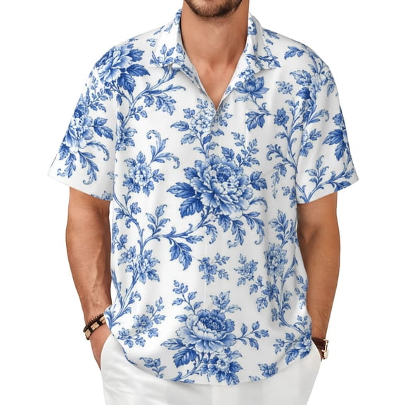 Blue White Floral Men's Shirts Short-Sleeved with All-Over Prints Button-Up Shirts