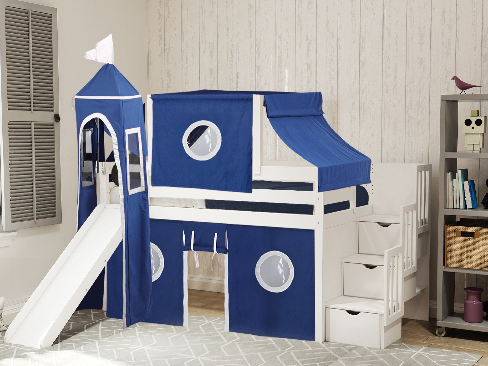 Jackpot Castle Low Loft Stairway Bed with Slide Blue & White Tent and