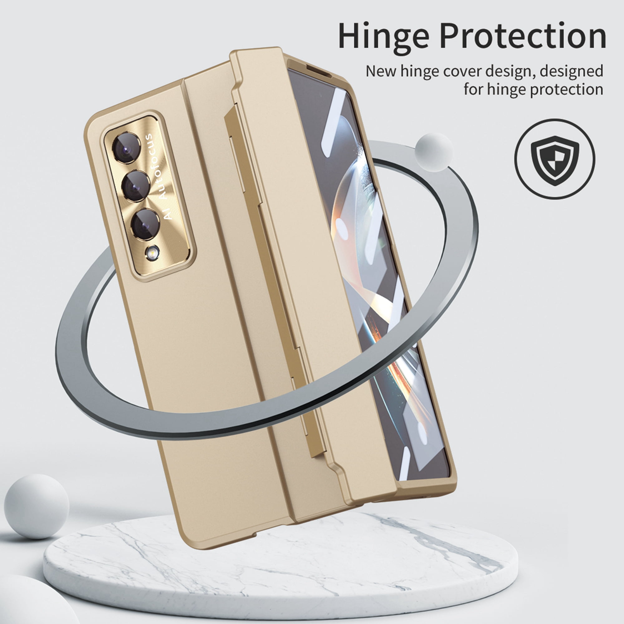 Dteck for Galaxy Fold 4 Case Hinge Protection Wireless Charging Hard Back with Non-Slip Shockproof Lightweight Slim Cover for Samsung Z Fold 4 5G 2022, Gold