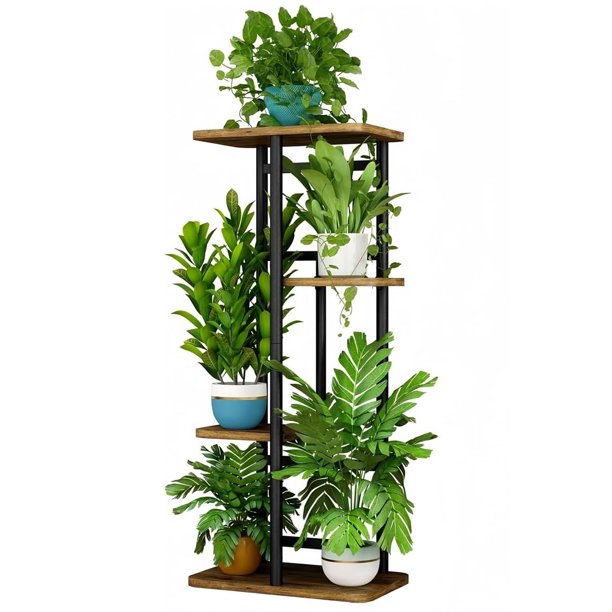 Soporte para plantas LINZINAR de 4 niveles para 5 macetas, 36 x 23 x 74 cm, negro
