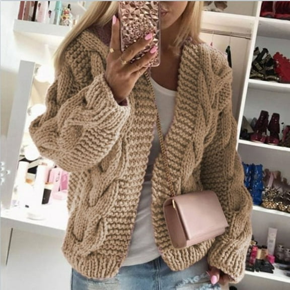 Dyfzdhu Cardigan Sweaters for Women Sweater With A Hat Solid Color Coarse Knit Coat Beige
