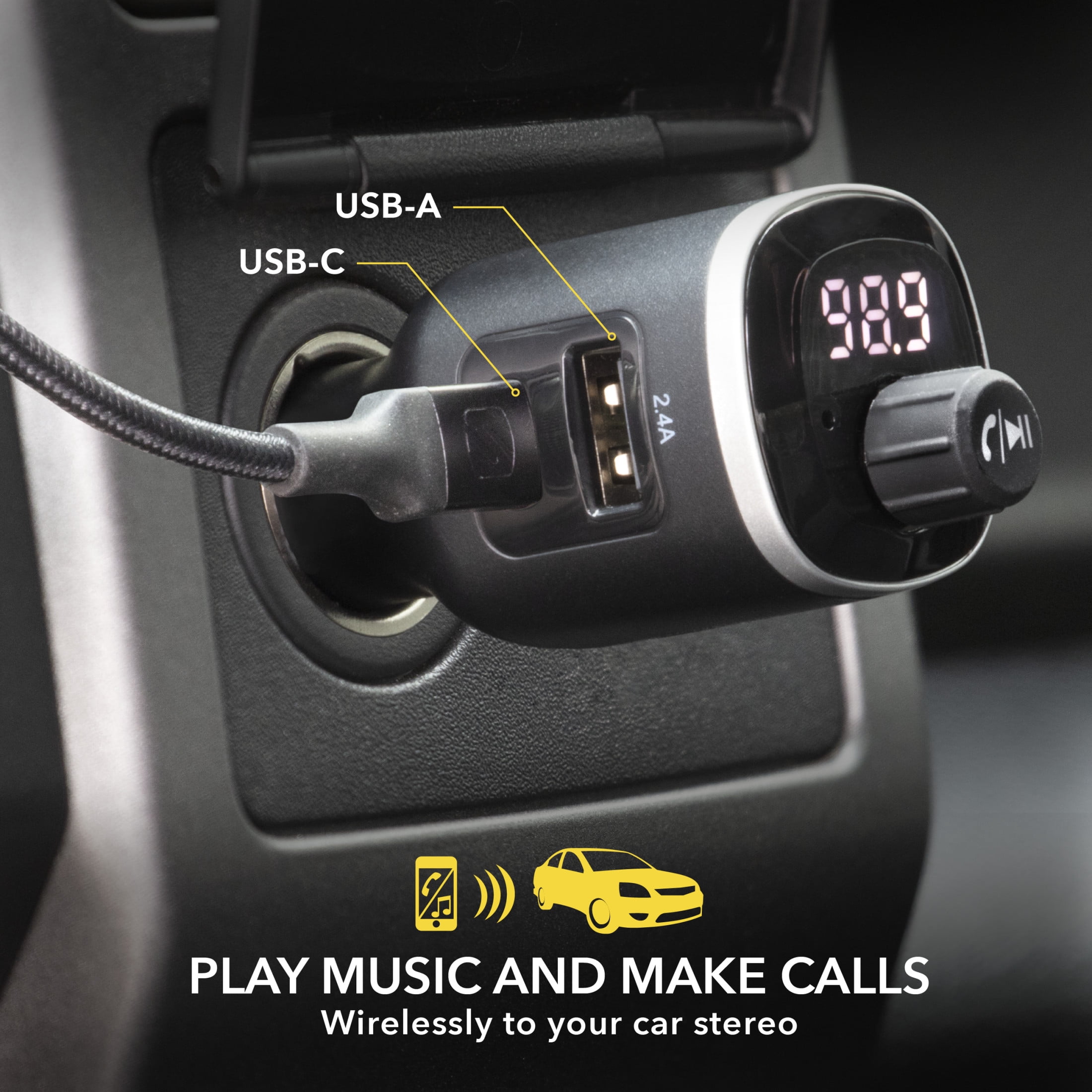 Scosche BTFM8-SP Bluetooth FM Transmitter Dual 12W USB-C and USB-A Charging Ports Black