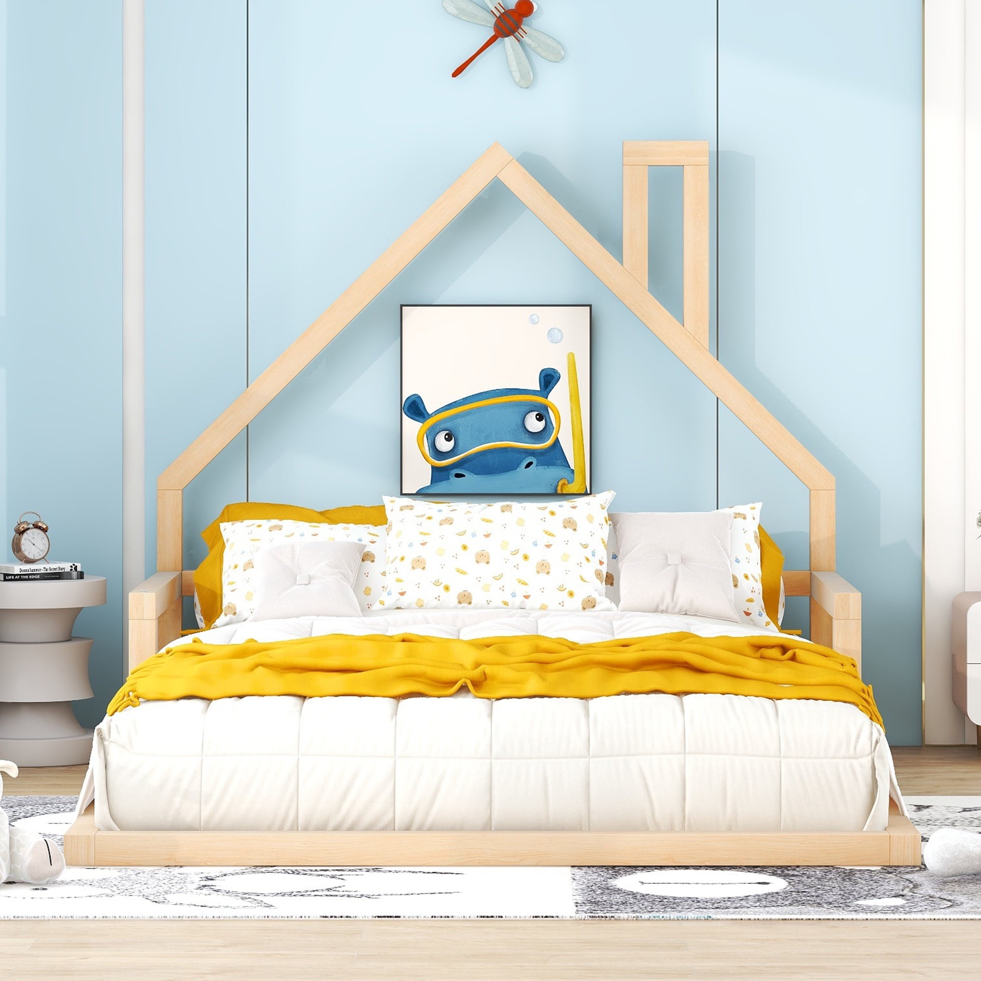 Sailvan Full Wood Floor Bed Frame with House-Shaped Headboard and Chimney Natural