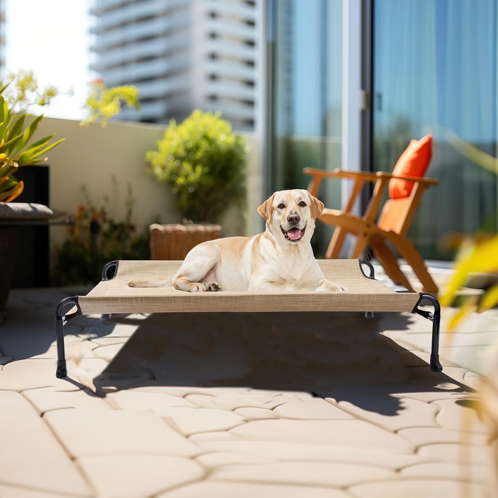 Elevated Dog Bed  Raised Cots For Large Dogs Waterproof Outdoor Pet Hammock With Guardrail Upgraded Non-slip Feet Breathable Teslin Mesh Beige Coffee 41x 27 Inches