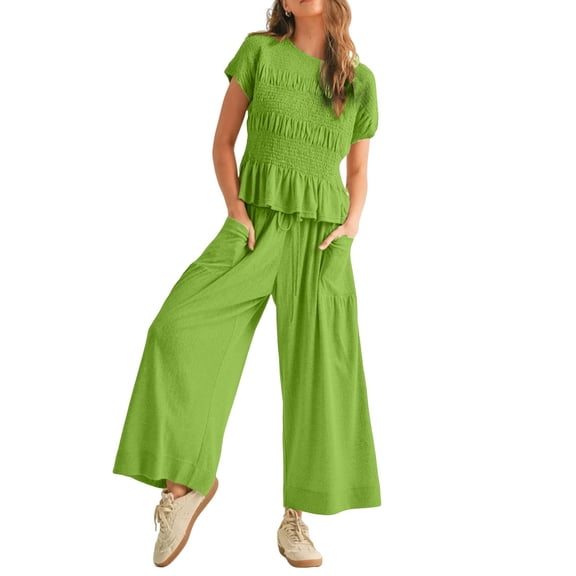 Women'S 2-Piece Smocked Top & Wide-Leg Pants Set-High-Waisted Lounge Outfit with Pockets Casual Boho Set Green S