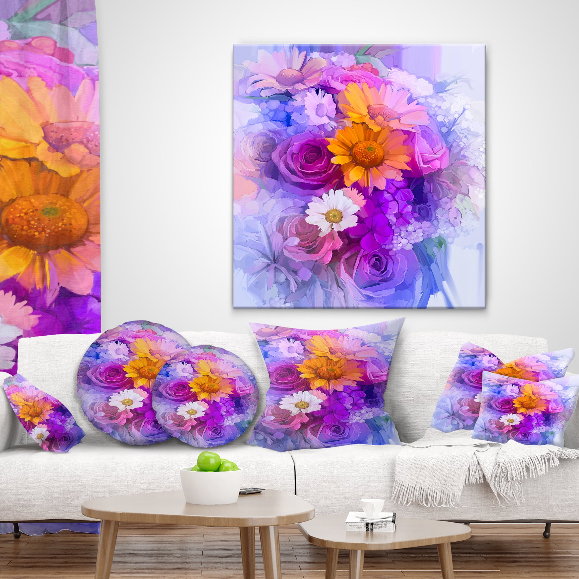 Designart Rose Daisy and Gerbera Flowers - Floral Throw Pillow - 18x18