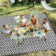 KHAIR Waterproof Outdoor Rug 8×10 Feet, Reversible Plastic Straw Rug for Patio, Garden, Porch, Deck, RV, Camping, Picnic & Backyard – Black & White (8 x 10 (Rectangular))