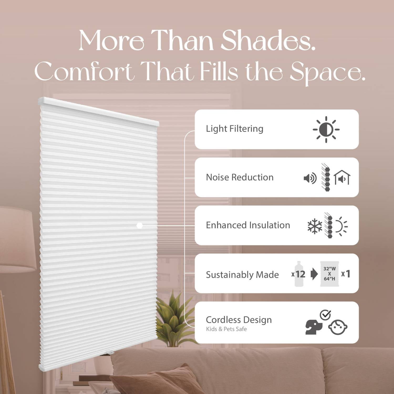 REGAL estate No Drill Cordless Cellular Blinds, Easy Install, 1.5" Light Filtering, 19" W x 72" H, White