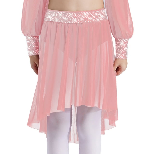 Doomiva Kids Girls Rhinestones Lyrical Ballet Dance Chiffon High-Low Wrap Skirts Studio Practice Performance Costume Pink 16