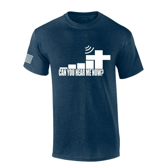 Mens Christian Shirt Can You Hear Me Now Good Service Christian Flag Sleeve Short Sleeve T-shirt Graphic Tee-Heather Navy-4xl