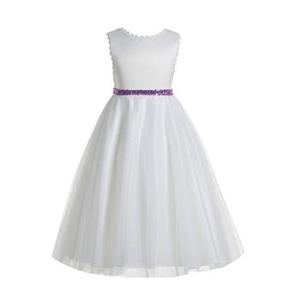 EkidsBridal V-Back Lace Edge Ivory Flower Girl Dress Communion Dresses Pageant Dress Junior Dress 183