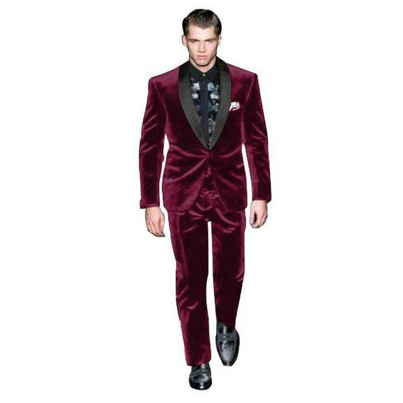 Velvet Suit Mens Dark Burgundy Suit One Button Velvet Fabric Shawl Collar Tuxedo