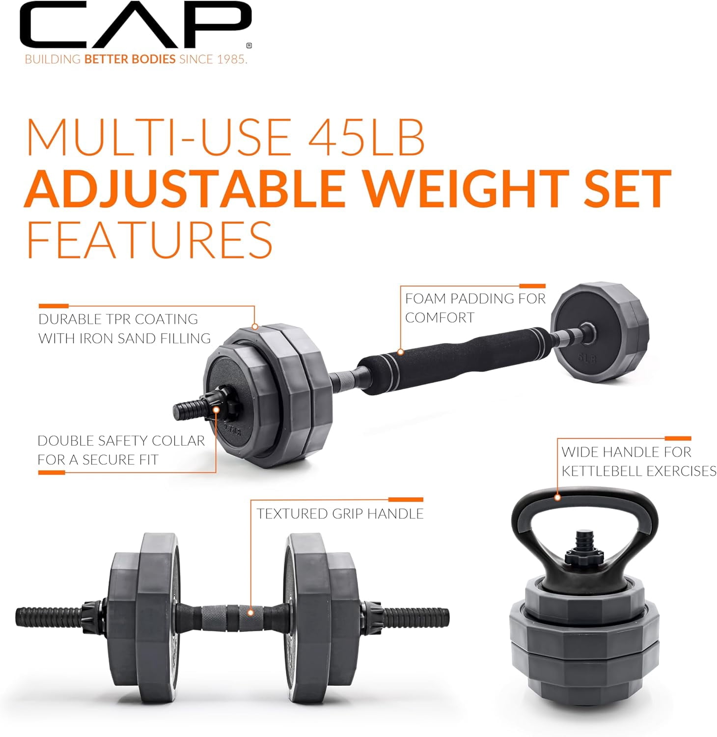 Multi-Use Adjustable Weight Set - Versatile Dumbbell, Barbell & Kettlebell for Full-Body Workouts | 45lb and 66lb Options