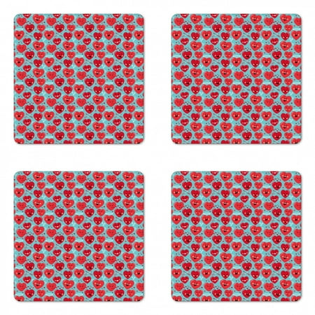 

Valentine s Day Coaster Set of 4 Smiling Funny Cartoon Characters on Turquoise Backdrop Square Hardboard Gloss Coasters Standard Size Grey Dark Coral by Ambesonne