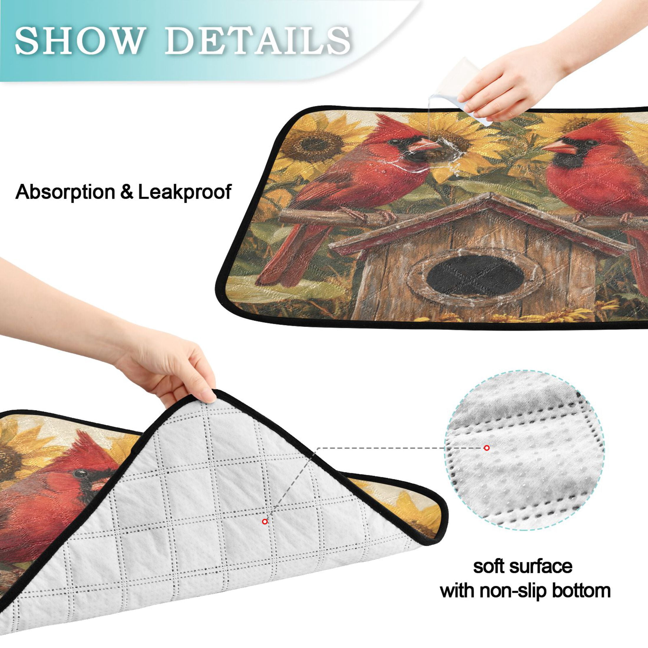 Qxltty Summer Sunflowers Cardinal Bird Cat litter Pads Pet Set of 2 Diaper Mats Center Anti-leakage Layer Absorbent Soft and Comfortable