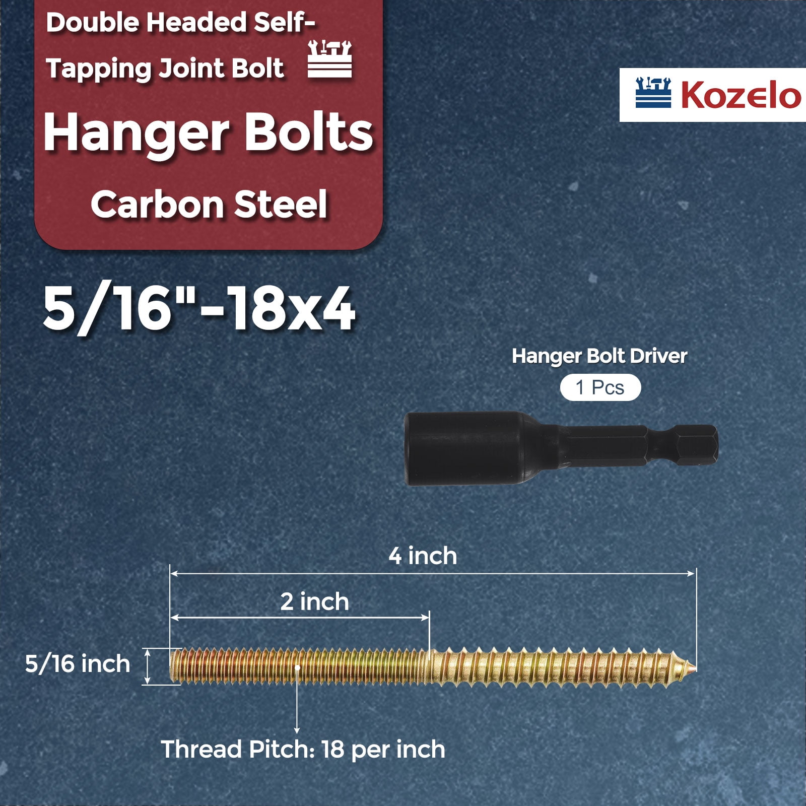 Uxcell 20pcs Hanger Bolts with Driver - [5/16"-18x4"] Double Headed Wood Dowel Self Tapping Screw Set for Furniture Repair, Dual Ended Thread Rod Joint Blot, Colored Zinc Coating