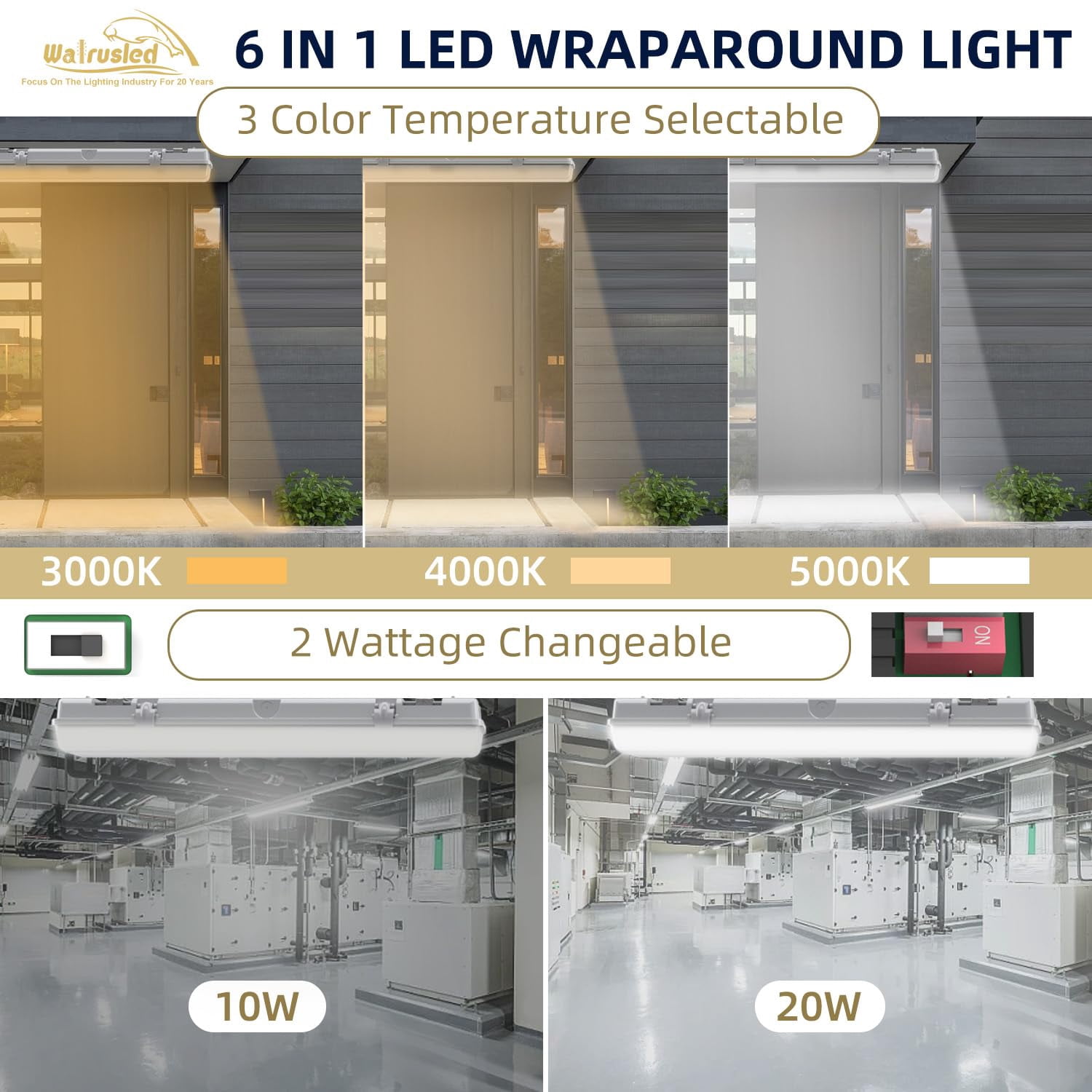 2FT Tri-Level Motion Sensor LED Vapor Tight Light, IP65 IK08, 10W(1250lm)/20W(2500lm), 3/4/5000K CCT Selectable, 100-277V, Dimmable, Outdoor Waterproof Shop Light, Vapor Proof Lighting Fixture, FCC