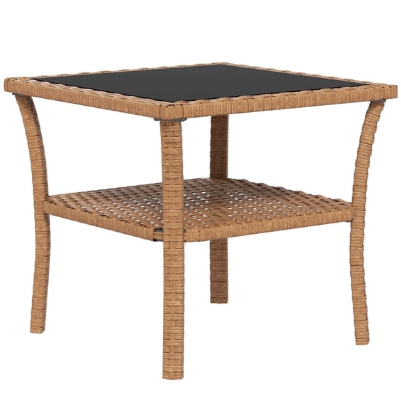 Outdoor Dining Table Outsunny Rattan Side Table, Outdoor End Table with Storage Shelf, Aluminum Frame Square, Coffee Table with Tempered Glass Top, Sand,Outdoor Coffee Table