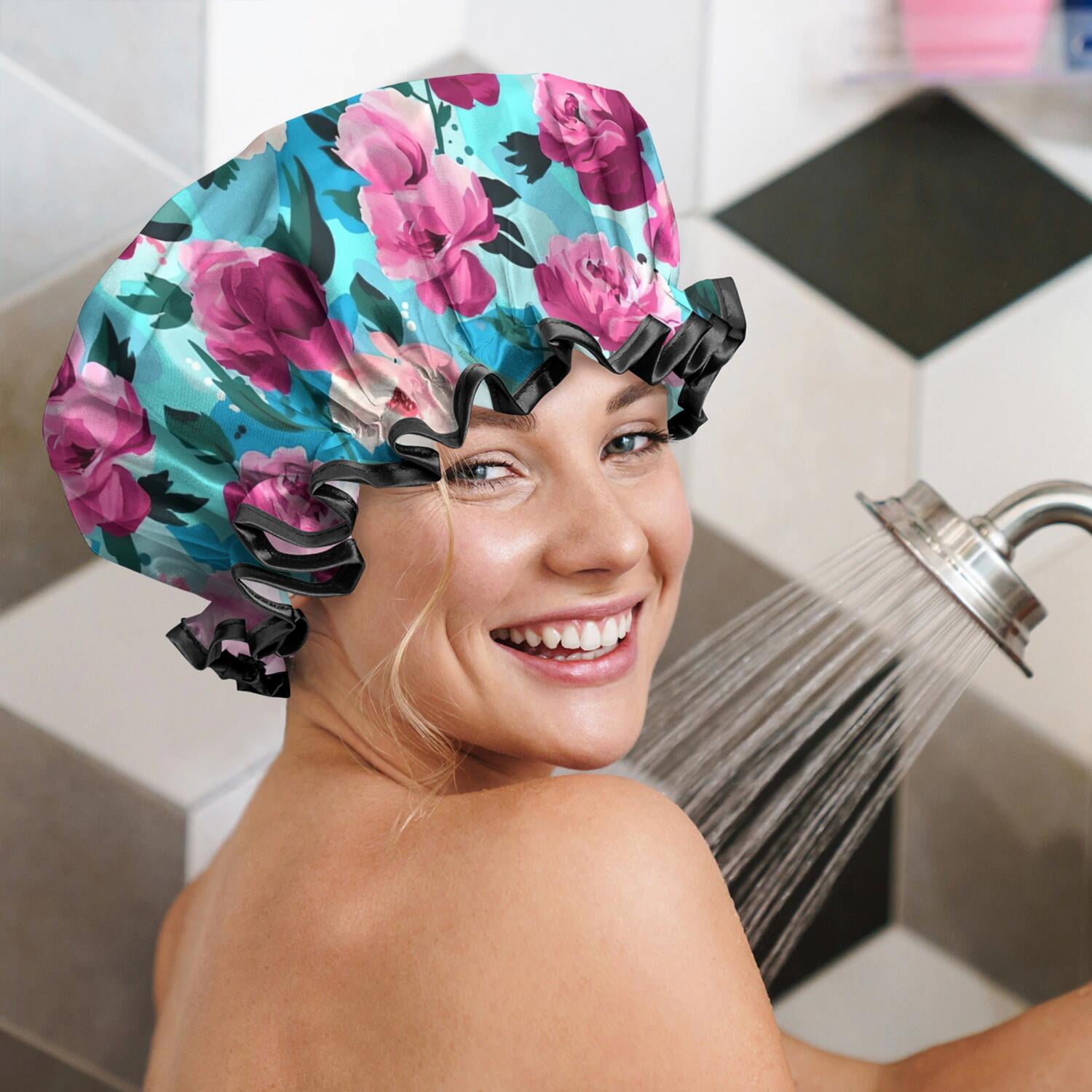Shower Caps,Pioneer Flower Floral Print Pattern Waterproof Shower Cap for Women 4 Pieces,Double Reusable Hair Cover for Shower PEVA Elastic Stretch Hem