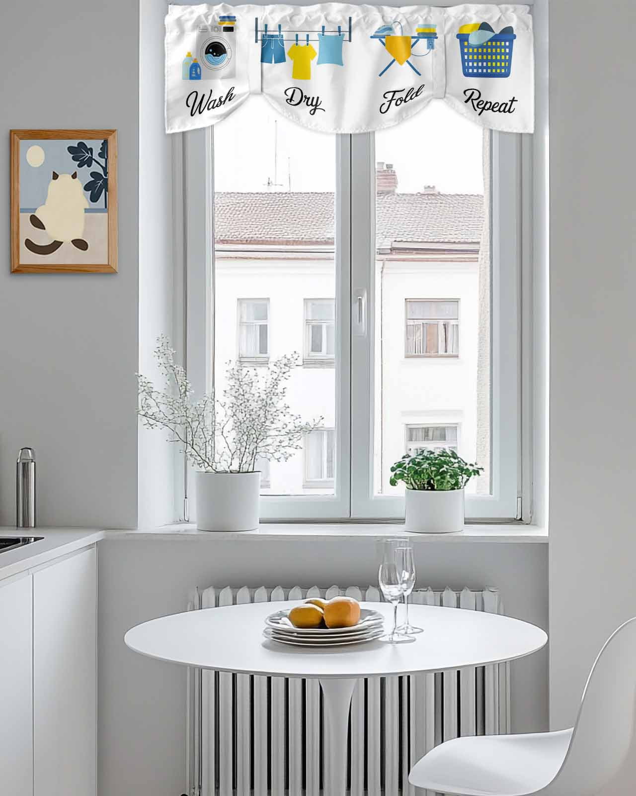 Laundry Room Tie Up Valances Curtain, Adjustable Kitchen Wash Dry Fold Repeat Valances for Windows Decor, Rod Pocket Short Curtains Set for Bedroom/Bathroom, 60"x18"