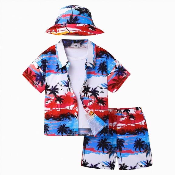 JUMEYU Boy Clothes Summer Boy's 2 Piece Outfits Summer Hawaiian Vacation Beach Button Down Shirt and Shorts Going Out Sets Size 6-7 (Blue,6-7 Years)