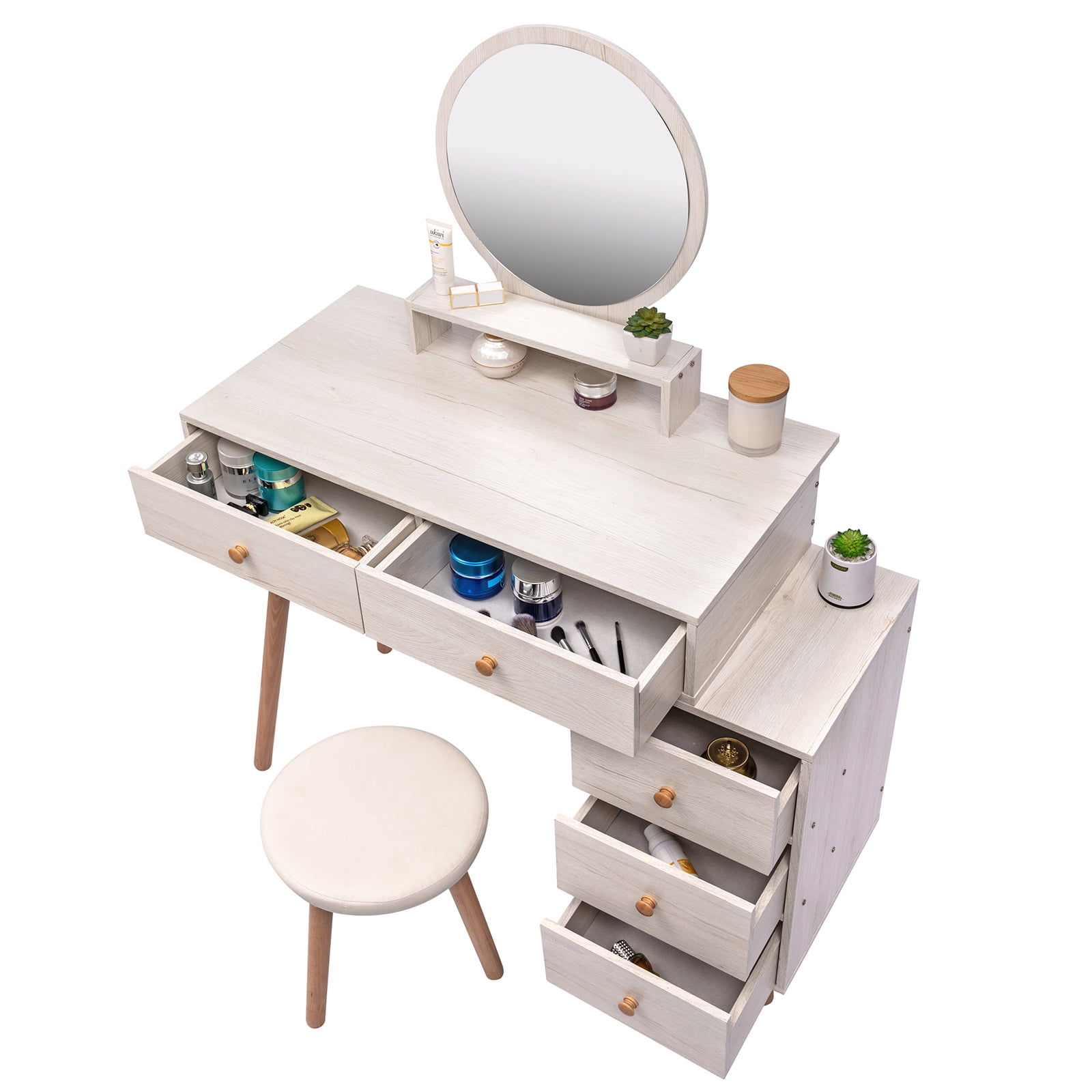 AENKYO Vanity Table Set with Stool, 5-Drawer Makeup Dresser, Modern Beauty Desk for Bedroom, Girls & Women, White Vanity with Stool - White