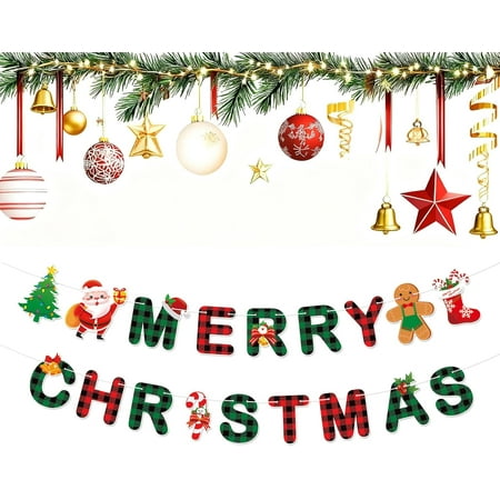 Merry Christmas Banner,Pre-Strung Red Green Buffalo Plaid Christmas Banner, Gingerbread Xmas Tree Garland Sign for Christmas Party Decorations,Indoor,Home, Office,Fireplace,Wall,Windows,Holiday Decor