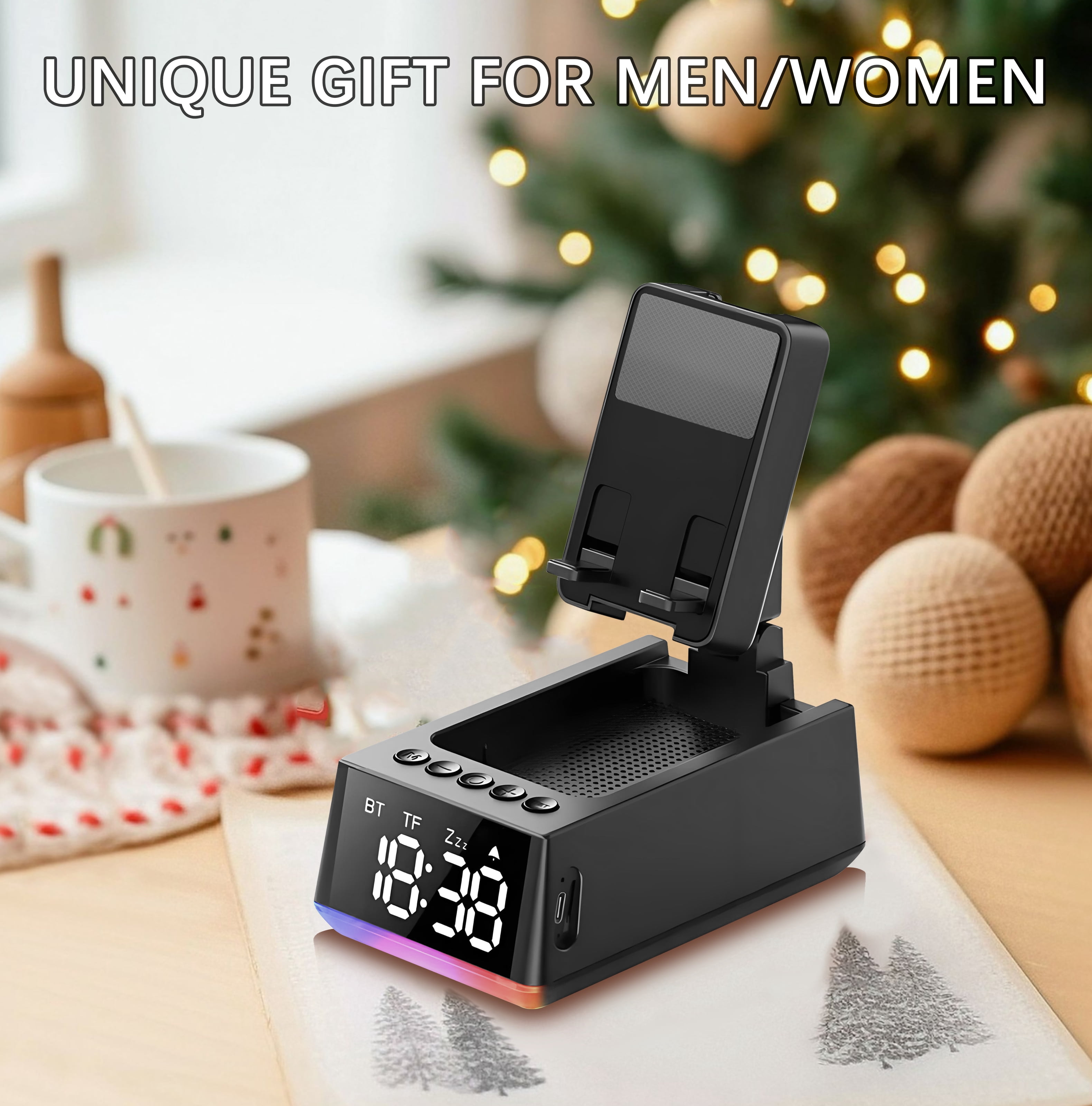 Wireless Induction Speaker Bluetooth Speaker Phone Stand with Auto-Sync Alarm Clock, HD Display & Adjustable Holder, Unique Gifts for Men Women, Dad Mom