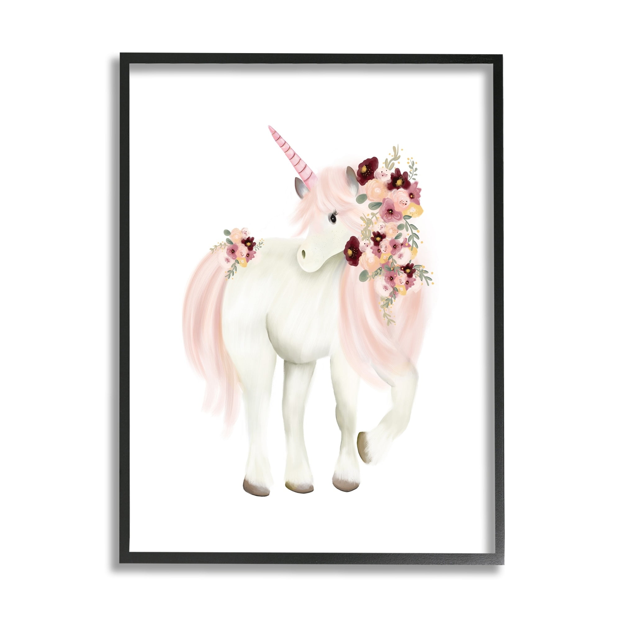 Stupell Industries Floral Decorated Unicorn Pink Mane Fantasy Creature Graphic Art Gray Framed Art Print Wall Art, Design by Studio Q