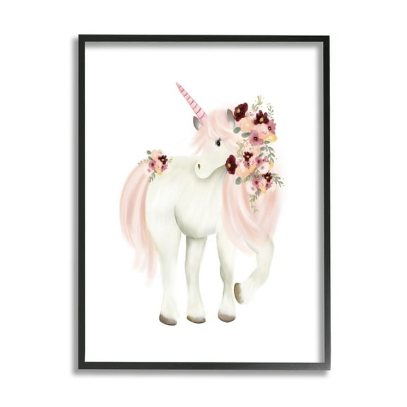 Stupell Industries Floral Decorated Unicorn Pink Mane Fantasy Creature Graphic Art Black Framed Art Print Wall Art, Design by Studio Q
