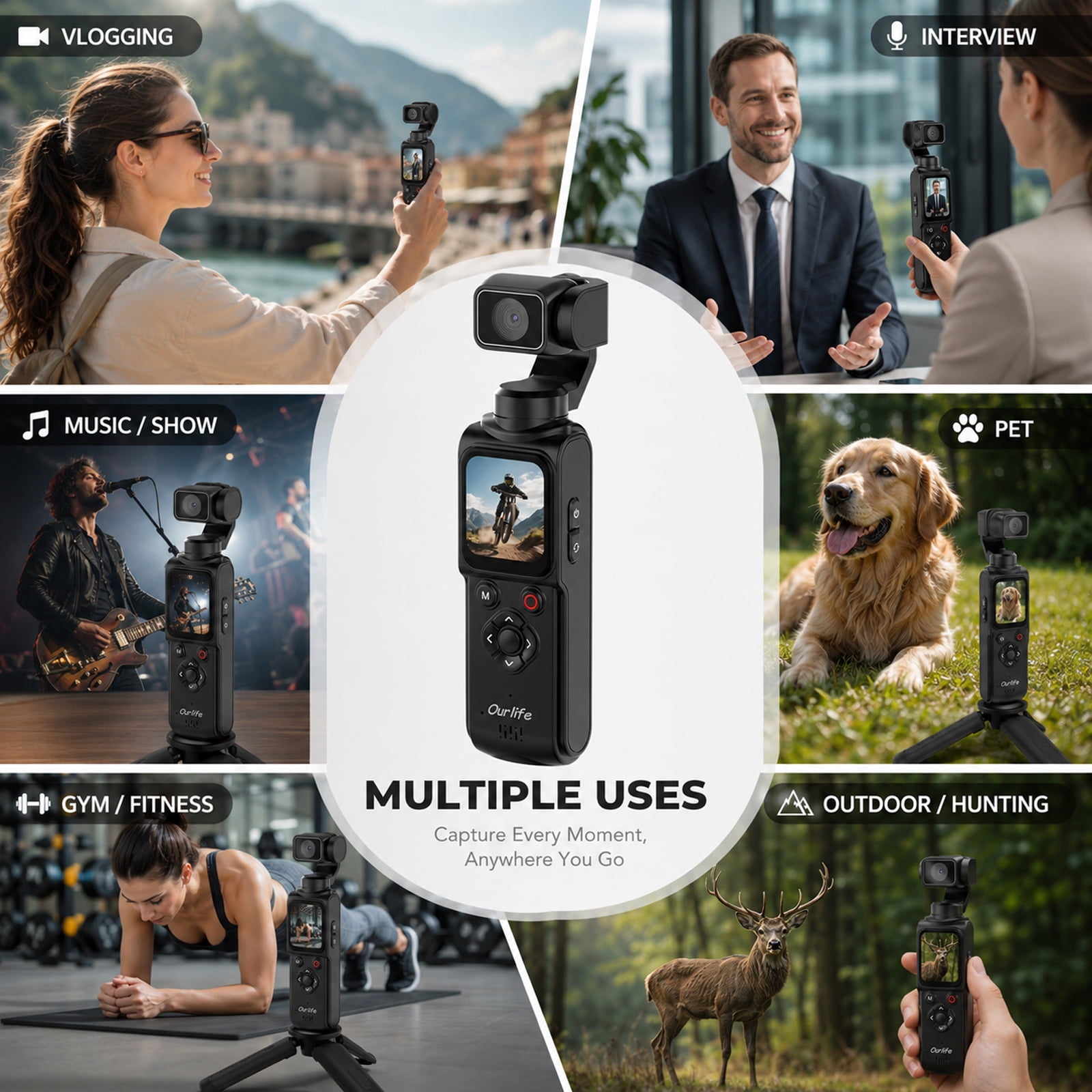 Ourlife 4K Digital Camera with 330° Rotating Gimbal, 1.72" Touch Screen, Face Tracking, 2400mAh Battery, 64GB Card, Pocket Camera for Vlogging