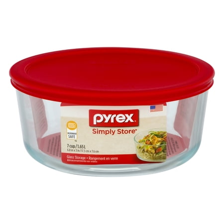 Pyrex Storage Plus 7 Cup Round Glass Storage Dish with Red Plastic Cover