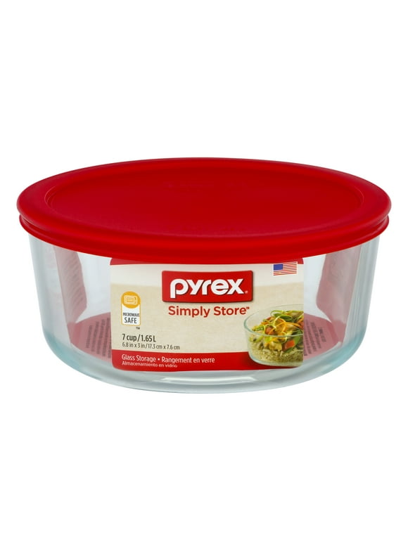 Pyrex Storage Plus 7 Cup Round Glass Storage Dish with Red Plastic Cover