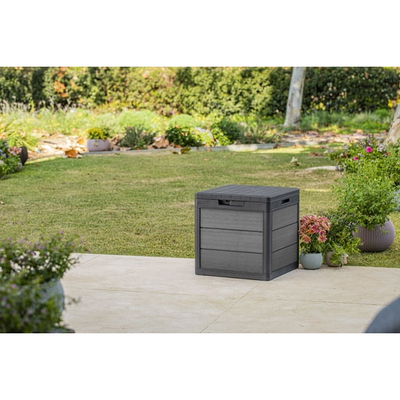 Keter Cortina 30 Gallon Resin Deck Box for Patio Furniture, Pool Accessories, and Storage for Outdoor Toys, Grey/Black